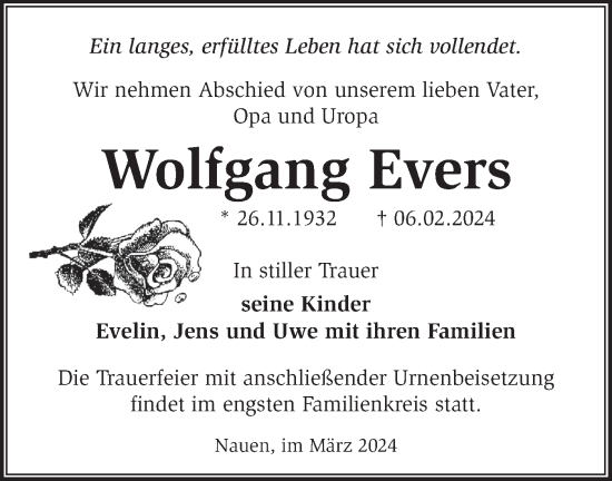 Traueranzeige von Wolfgang Evers von Märkische Oderzeitung