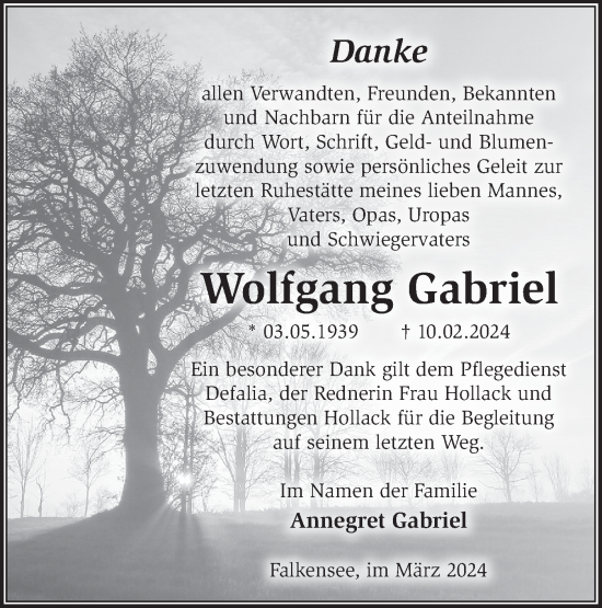 Traueranzeige von Wolfgang Gabriel von Märkische Oderzeitung