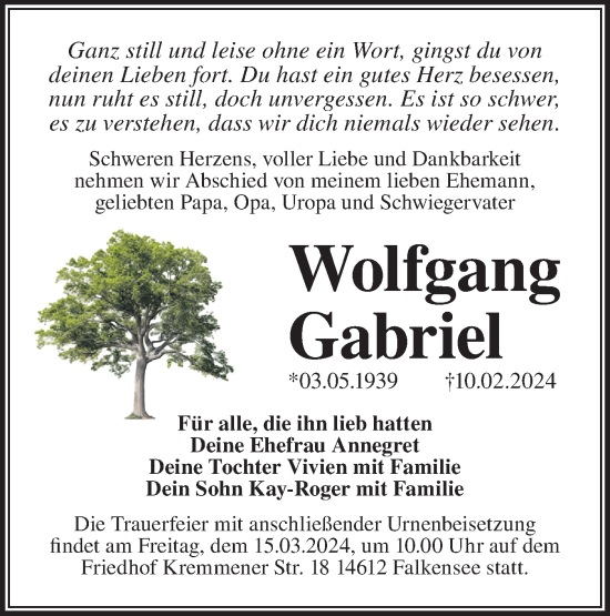 Traueranzeige von Wolfgang Gabriel von Märkische Oderzeitung