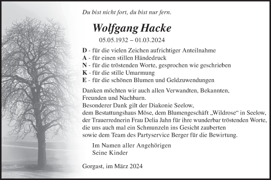 Traueranzeige von Wolfgang Hacke von Märkische Oderzeitung