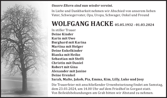 Traueranzeige von Wolfgang Hacke von Märkische Oderzeitung