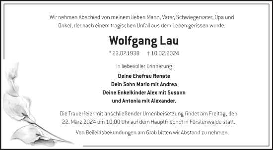Traueranzeige von Wolfgang Lau von Märkische Oderzeitung