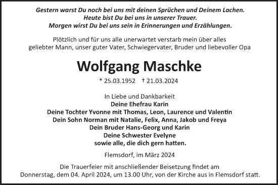 Traueranzeige von Wolfgang Maschke von Märkische Oderzeitung
