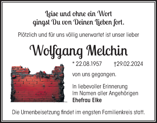 Traueranzeige von Wolfgang Melchin von Märkische Oderzeitung