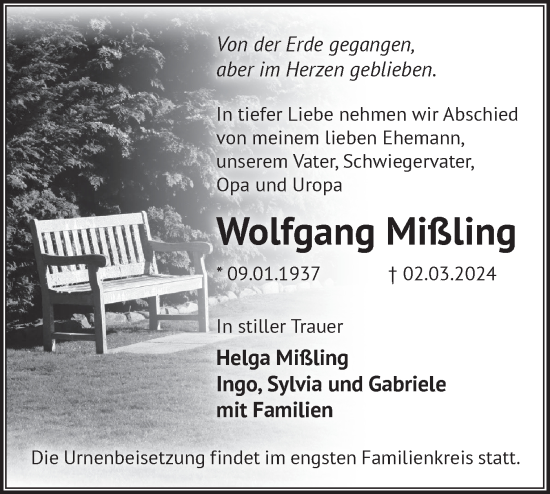 Traueranzeige von Wolfgang Mißling von Märkische Oderzeitung
