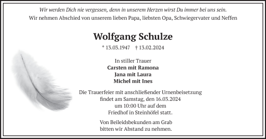 Traueranzeige von Wolfgang Schulze von Märkische Oderzeitung