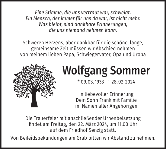 Traueranzeige von Wolfgang Sommer von Märkische Oderzeitung