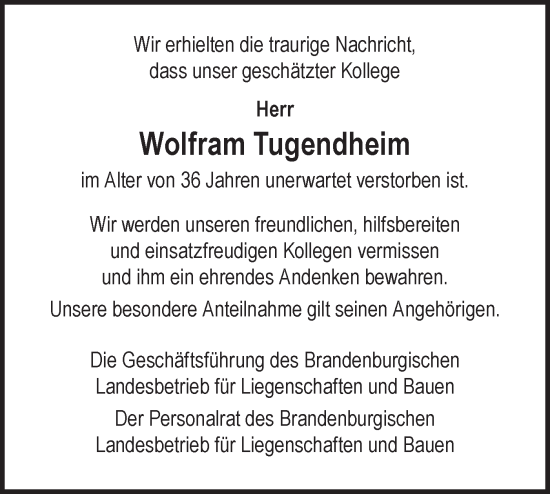Traueranzeige von Wolfram Tugendheim von Märkische Oderzeitung