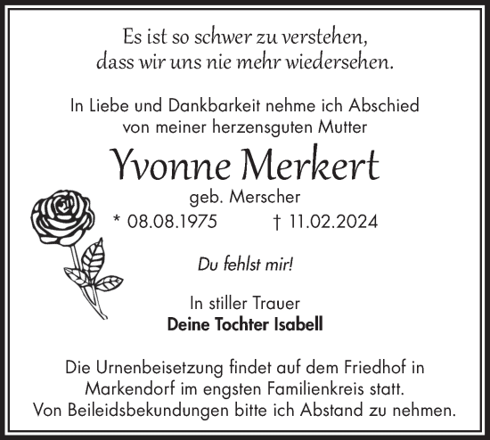 Traueranzeige von Yvonne Merkert von Märkische Oderzeitung