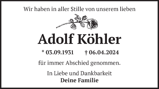 Traueranzeige von Adolf Köhler von Märkische Oderzeitung