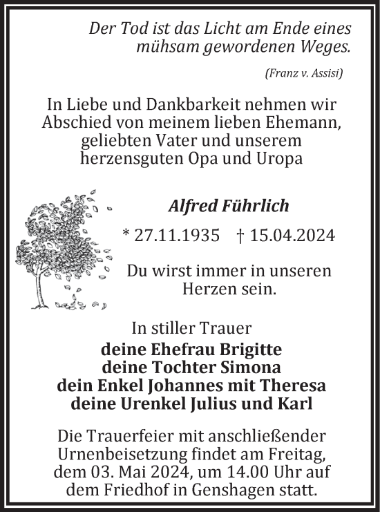 Traueranzeige von Alfred Führlich von Märkische Oderzeitung