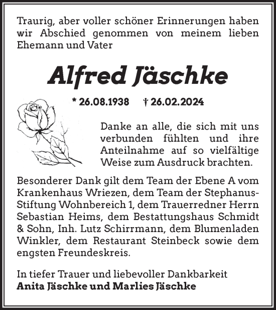 Traueranzeige von Alfred Jäschke von Märkische Oderzeitung