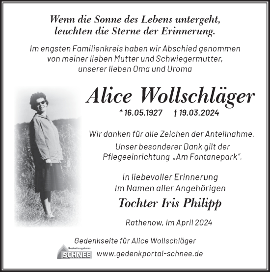 Traueranzeige von Alice Wollschläger von Märkische Oderzeitung