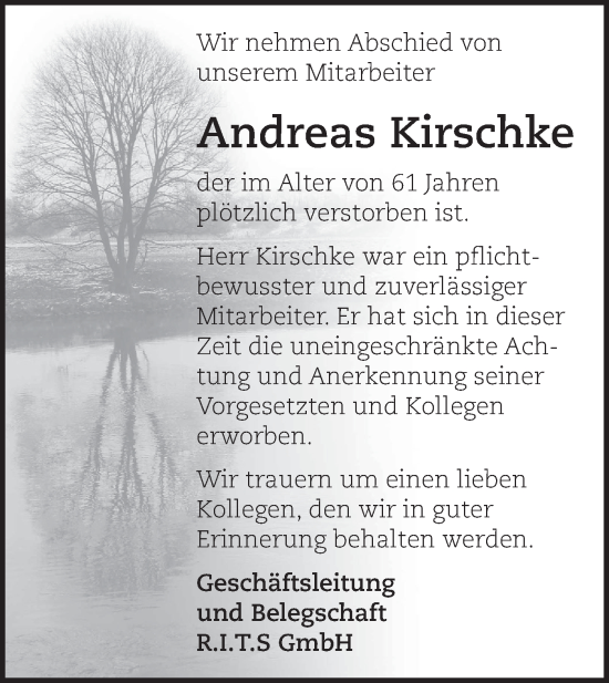 Traueranzeige von Andreas Kirschke von Märkische Oderzeitung