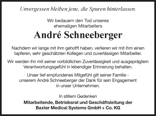 Traueranzeige von André Schneeberger von Märkische Oderzeitung