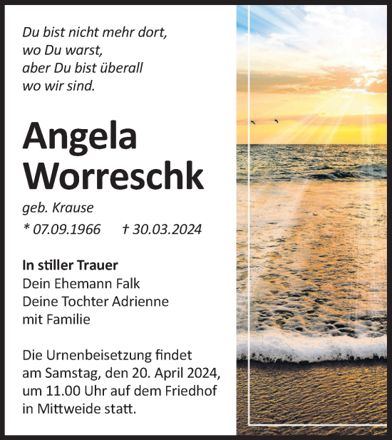 Traueranzeige von Angela Worreschk von Märkische Oderzeitung