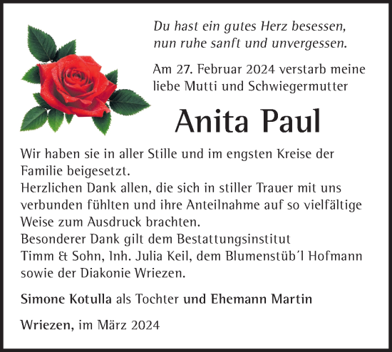 Traueranzeige von Anita Paul von Märkische Oderzeitung