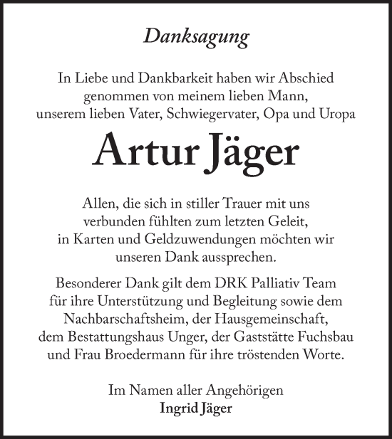 Traueranzeige von Artur Jäger von Märkische Oderzeitung