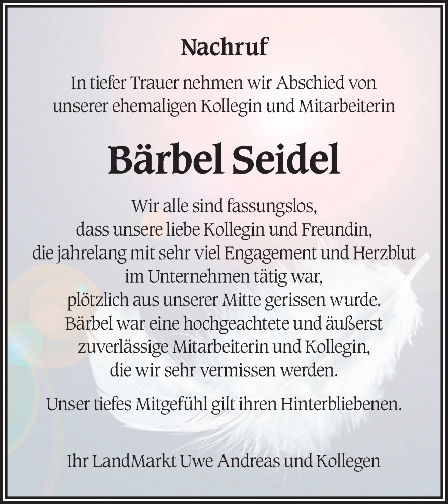  Traueranzeige für Bärbel Seidel vom 27.04.2024 aus Märkische Oderzeitung