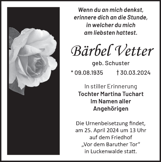Traueranzeige von Bärbel Vetter von Märkische Oderzeitung