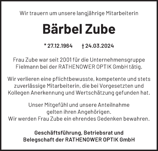 Traueranzeige von Bärbel Zube von Märkische Oderzeitung