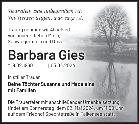 Traueranzeige von Barbara Gies von Märkische Oderzeitung