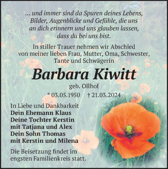 Traueranzeige von Barbara Kiwitt von Märkische Oderzeitung