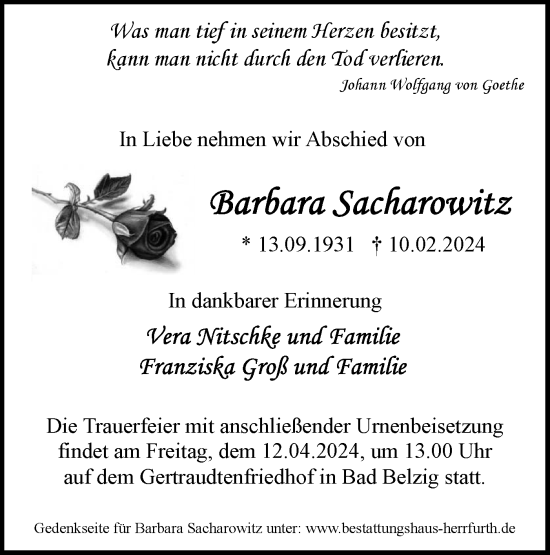 Traueranzeige von Barbara Sacharowitz von Märkische Oderzeitung