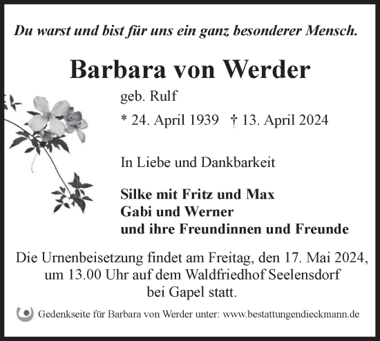 Traueranzeige von Barbara von Werder von Märkische Oderzeitung