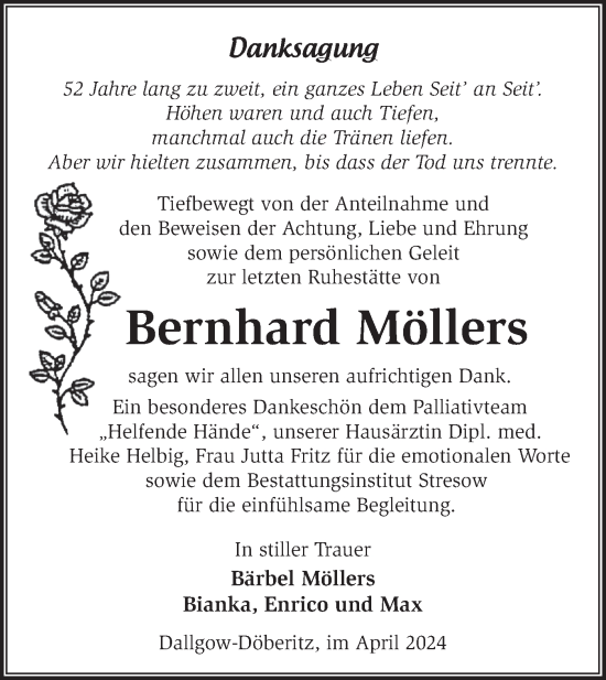 Traueranzeige von Bernhard Möllers von Märkische Oderzeitung