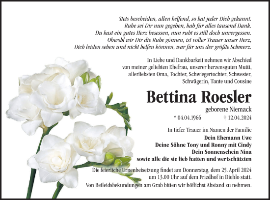 Traueranzeige von Bettina Roesler von Märkische Oderzeitung