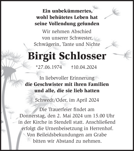Traueranzeige von Birgit Schlosser von Märkische Oderzeitung