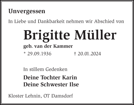 Traueranzeige von Brigitte Müller von Märkische Oderzeitung