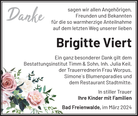 Traueranzeige von Brigitte Viert von Märkische Oderzeitung