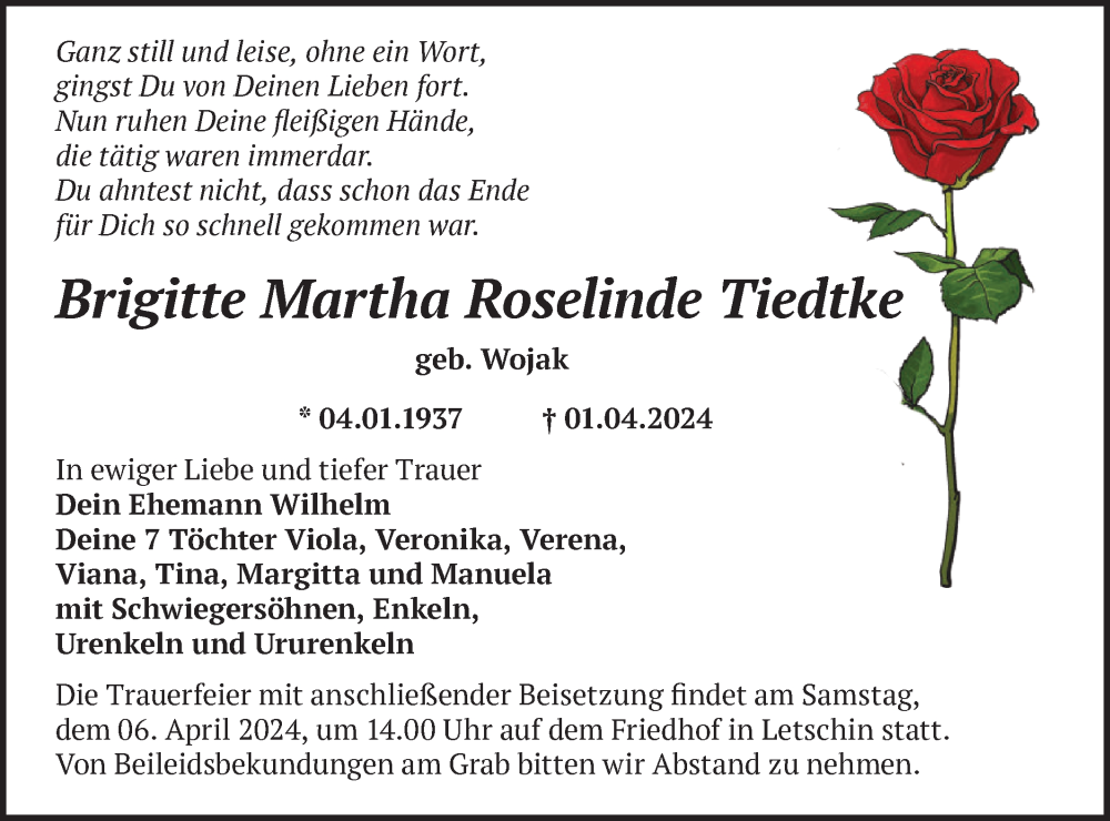  Traueranzeige für Brigitte Martha Roselinde Tiedtke vom 04.04.2024 aus Märkische Oderzeitung