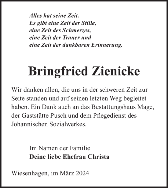 Traueranzeige von Bringfried Zienicke von Märkische Oderzeitung