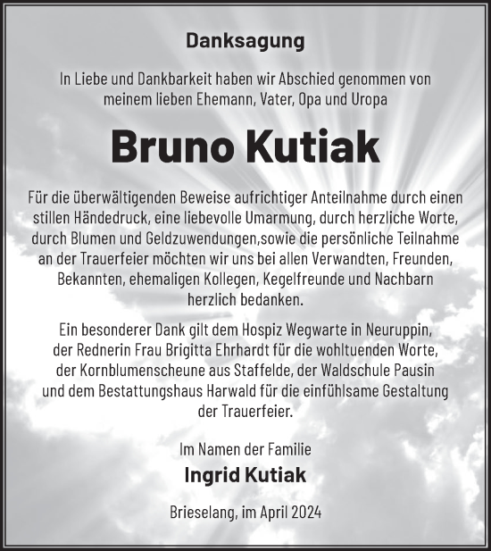 Traueranzeige von Bruno Kutiak von Märkische Oderzeitung