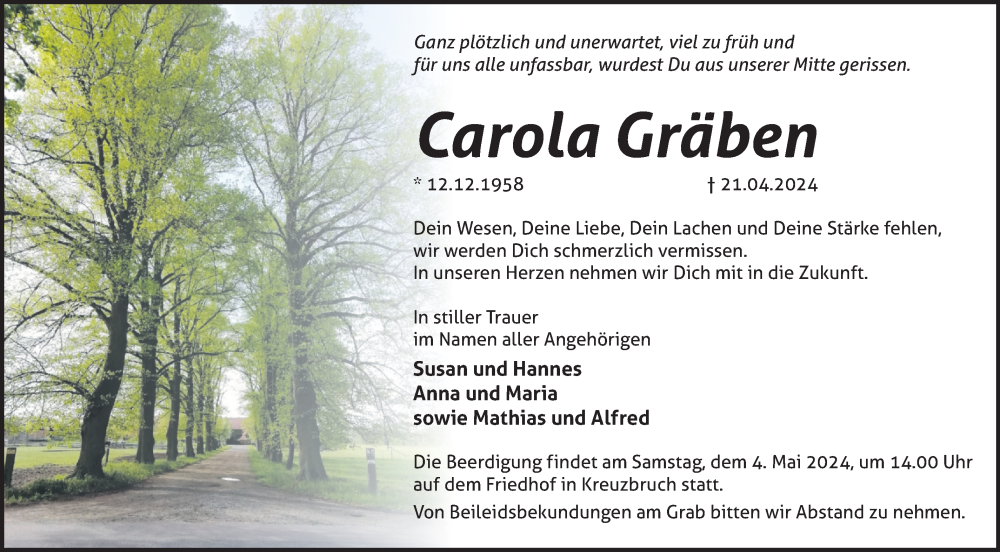  Traueranzeige für Carola Gräben vom 27.04.2024 aus Märkische Oderzeitung
