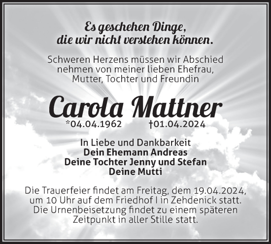 Traueranzeige von Carola Mattner von Märkische Oderzeitung