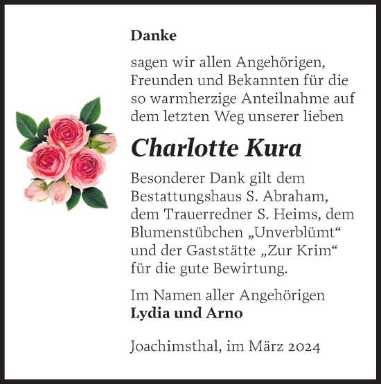 Traueranzeige von Charlotta Kura von Märkische Oderzeitung