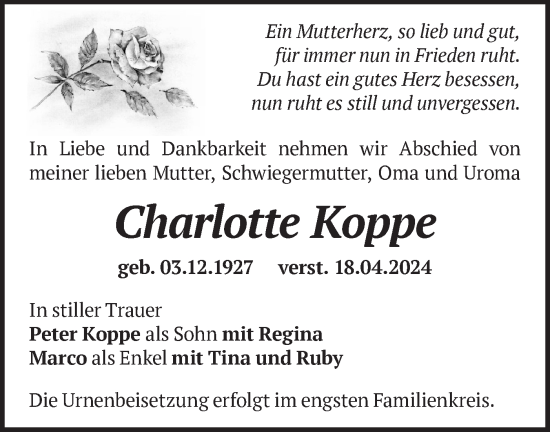 Traueranzeige von Charlotte Koppe von Märkische Oderzeitung
