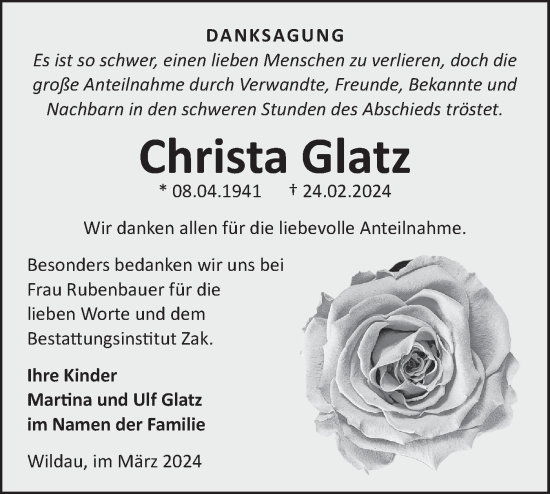 Traueranzeige von Christa Glatz von Märkische Oderzeitung