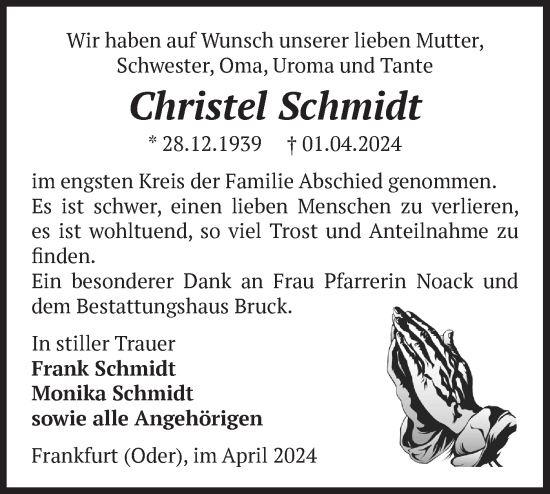 Traueranzeige von Christel Schmidt von Märkische Oderzeitung