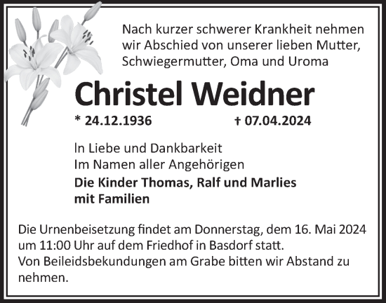 Traueranzeige von Christel Weidner von Märkische Oderzeitung