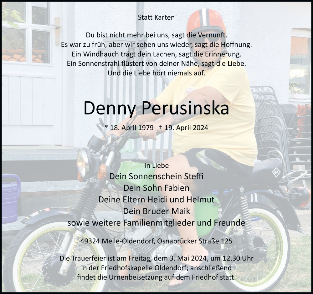  Traueranzeige für Denny Perusinska vom 27.04.2024 aus Märkische Oderzeitung