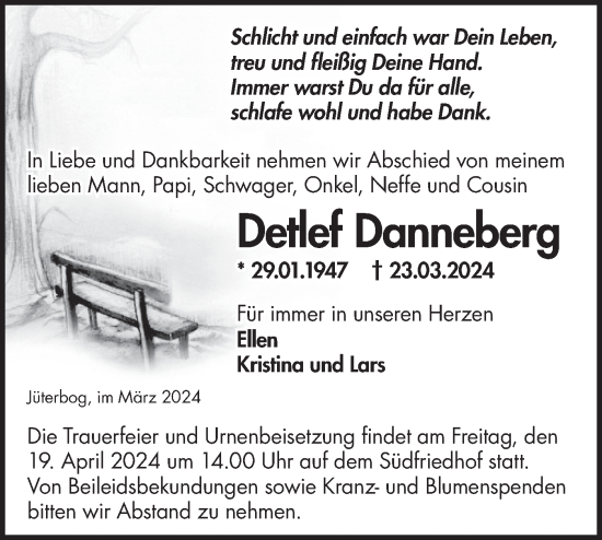 Traueranzeige von Detlef Danneberg von Märkische Oderzeitung