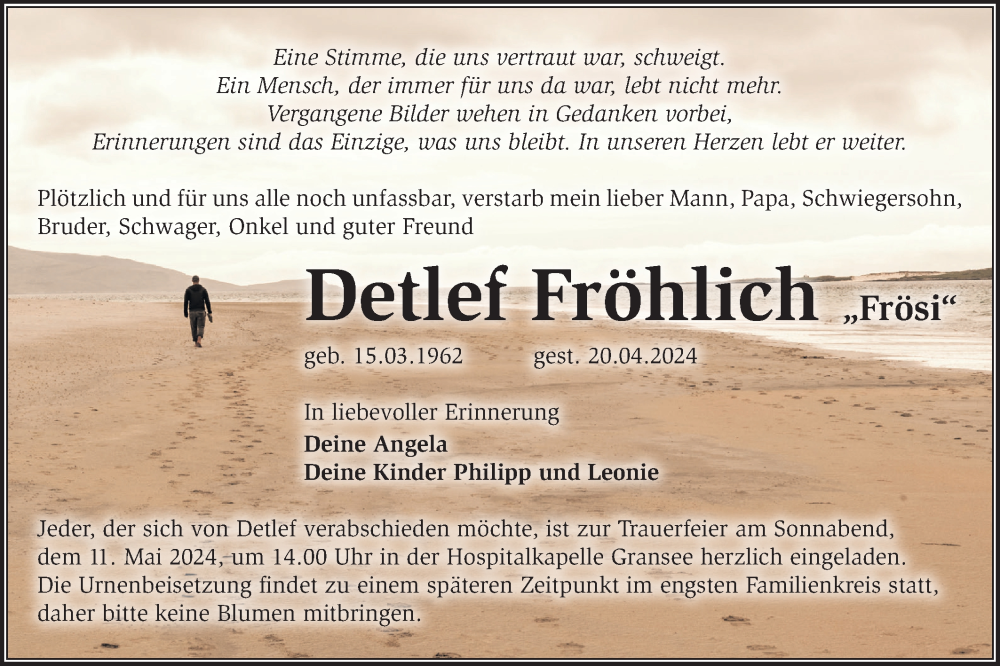  Traueranzeige für Detlef Fröhlich vom 27.04.2024 aus Märkische Oderzeitung