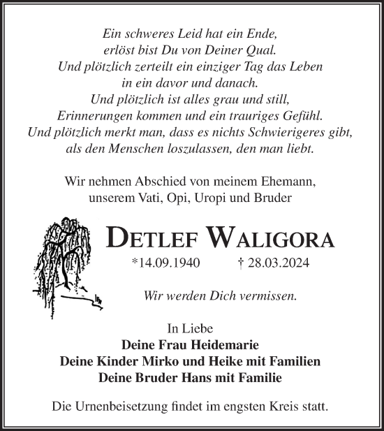 Traueranzeige von Detlef Waligora von Märkische Oderzeitung