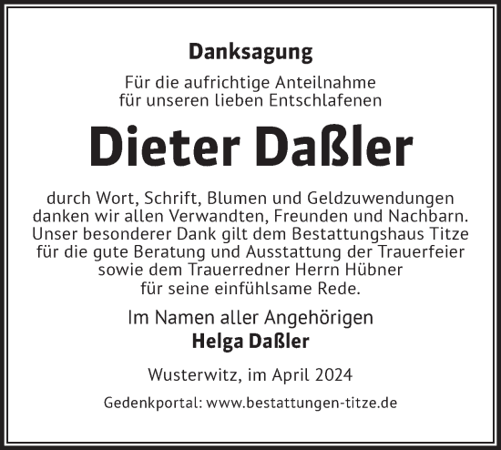 Traueranzeige von Dieter Daßler von Märkische Oderzeitung