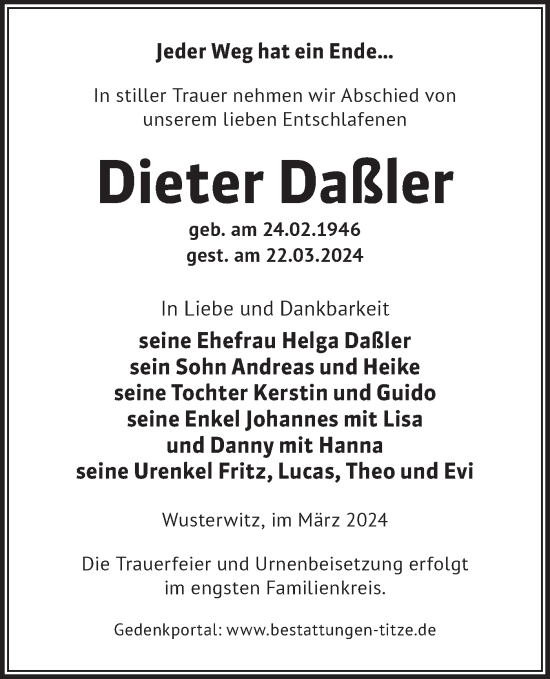 Traueranzeige von Dieter Daßler von Märkische Oderzeitung